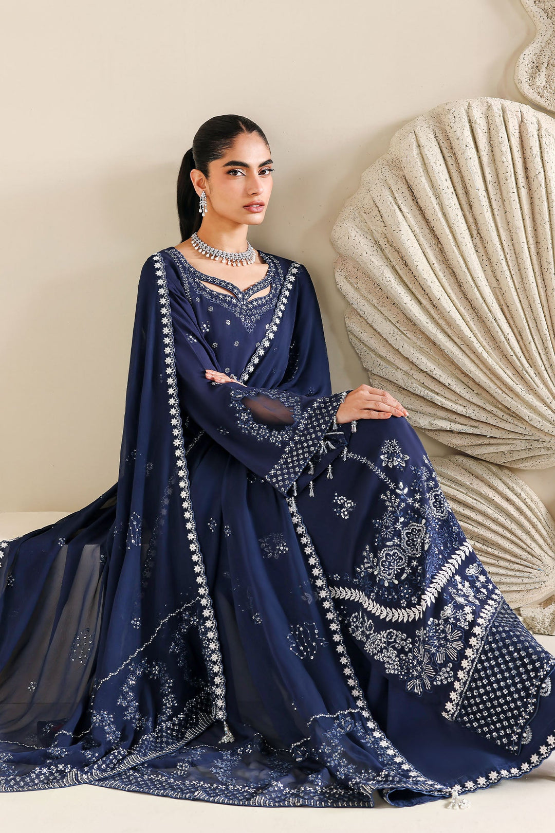 Cross Stitch - Indigo Muse Silk Suit For Women - 3 Piece