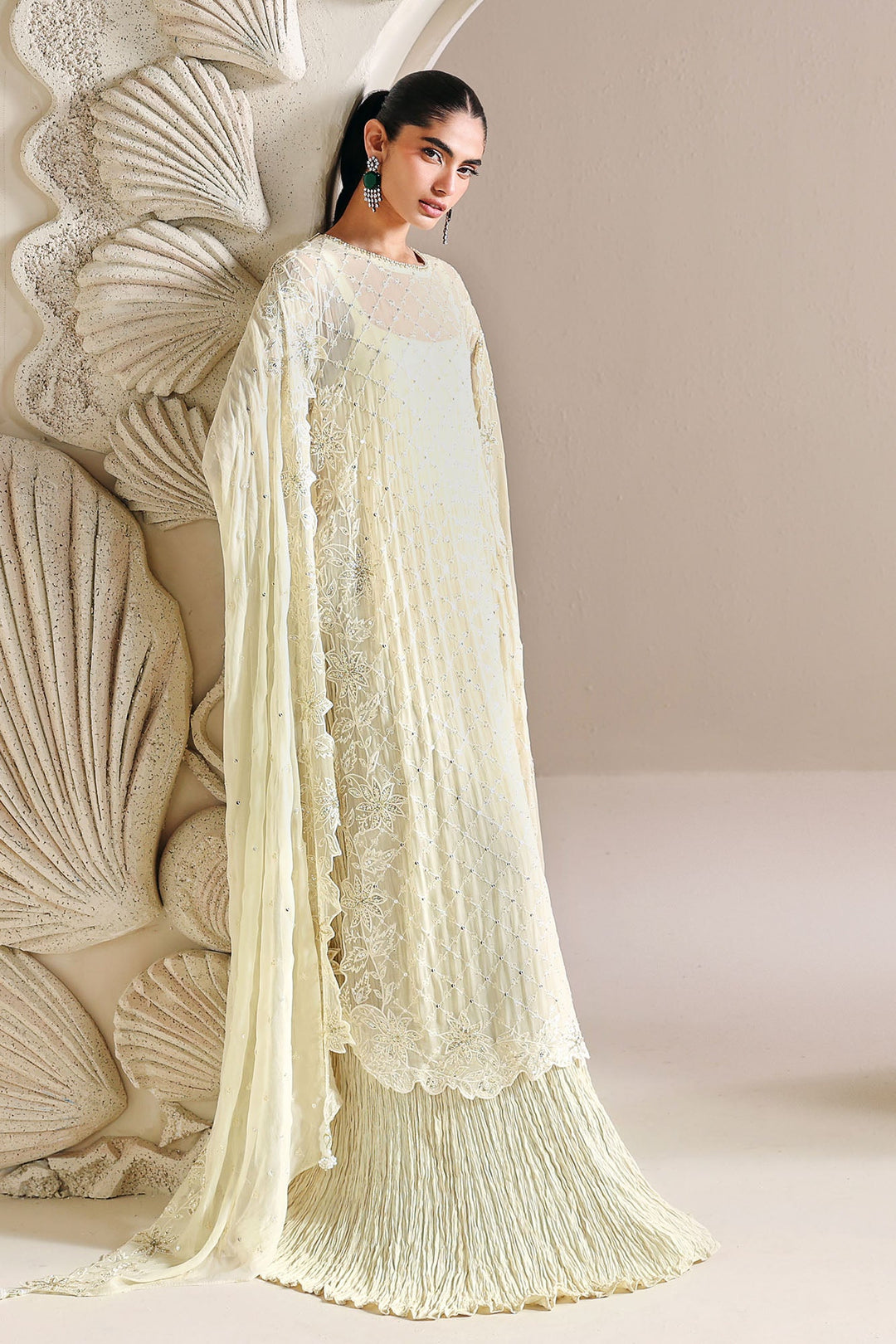 Cross Stitch - Ivory Bloom Chiffon Suit For Women - 4 Piece