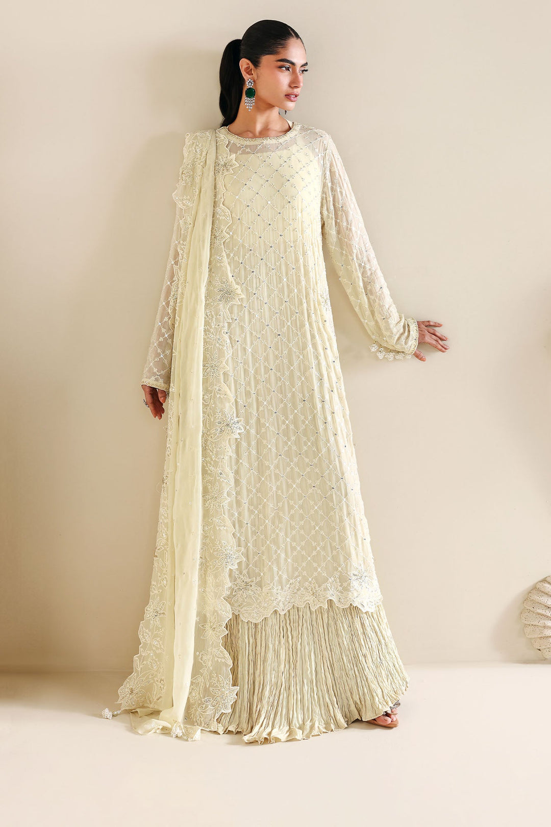 Cross Stitch - Ivory Bloom Chiffon Suit For Women - 4 Piece