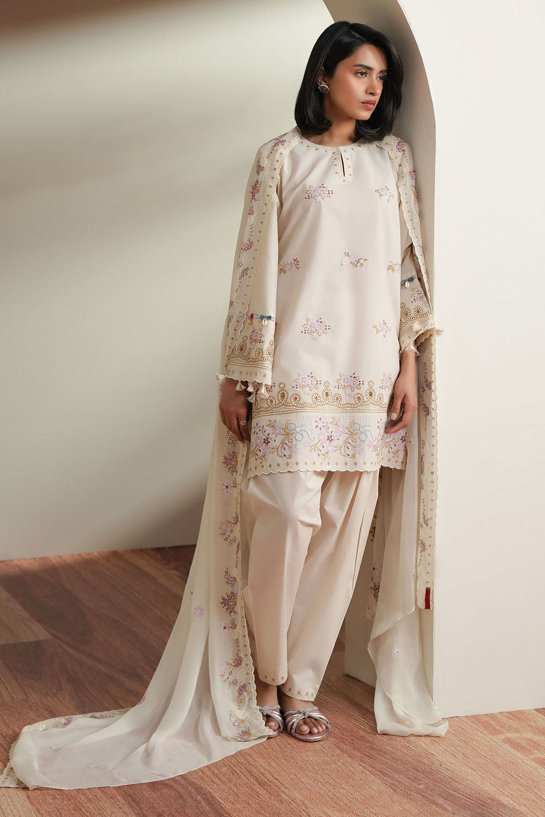 Cross Stitch - Ivory Mosiac Embroidered Lawn Unstitch Suit For Women - 3 Piece
