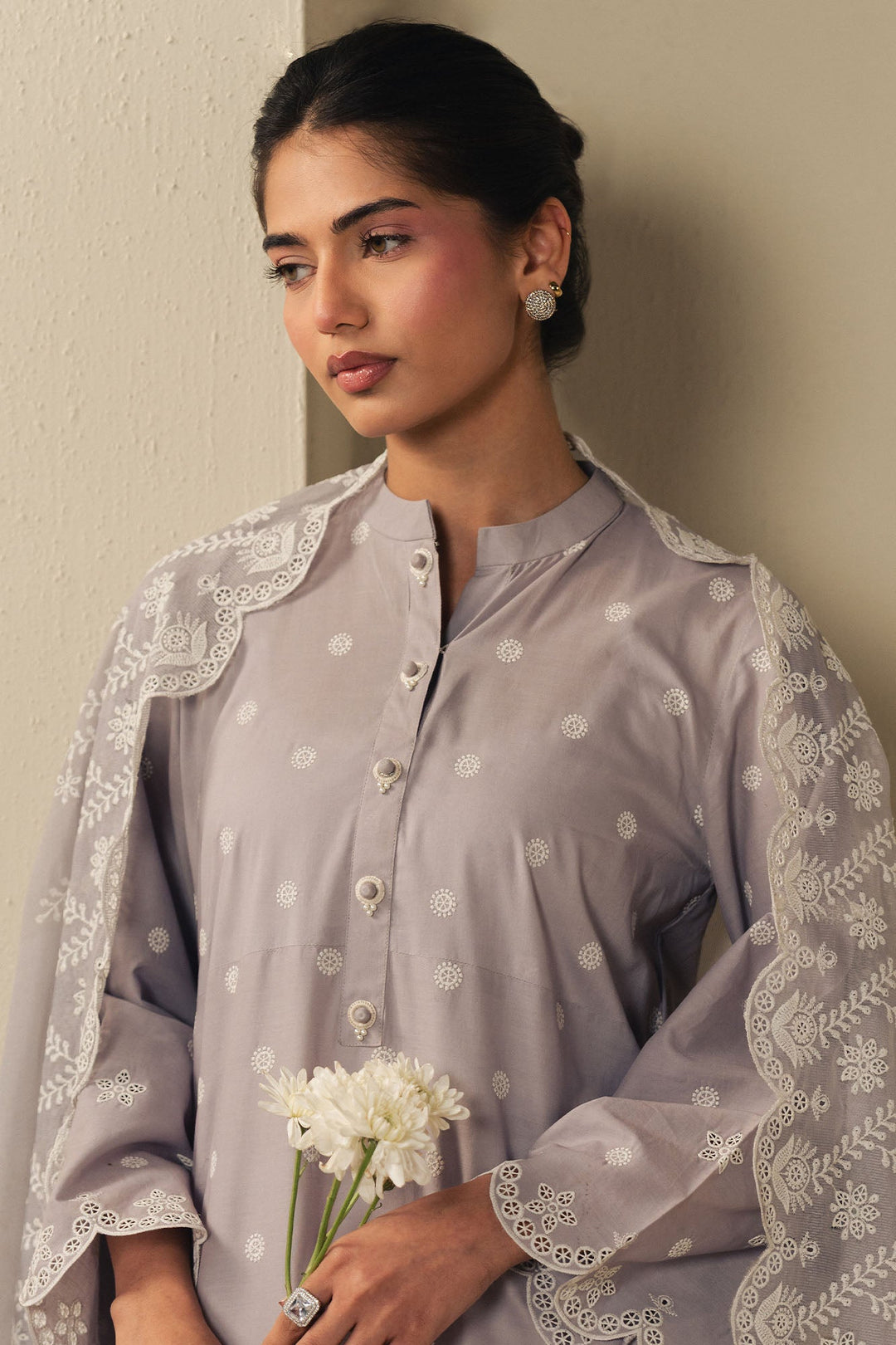 Cross Stitch - Lavender Cloud Cambric Suit For Women - Purple - 2 Piece
