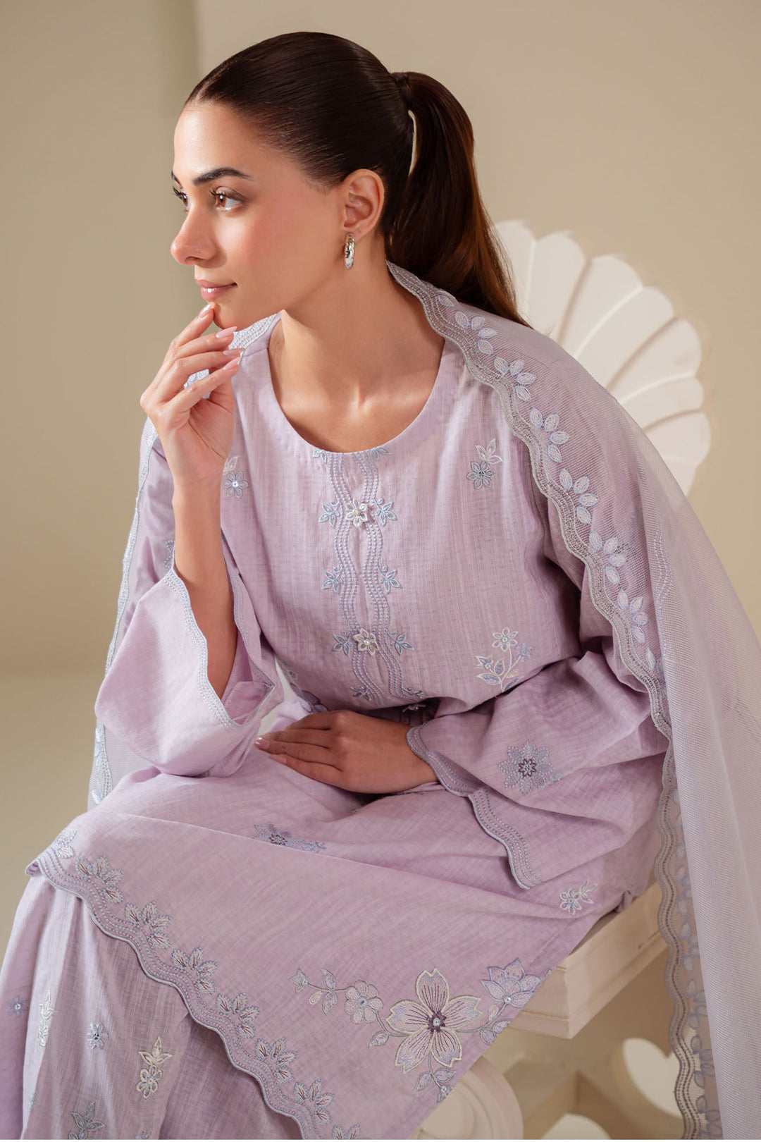 Cross Stitch - Lilac Blush Cotton Suit For Women - Purple - 2 Piece