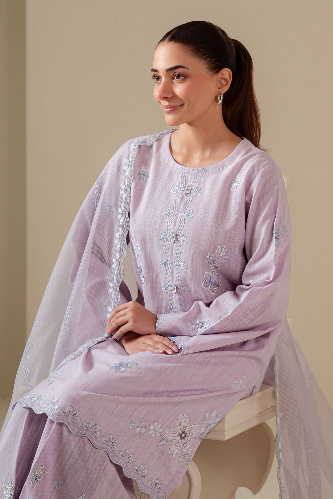 Cross Stitch - Lilac Blush Cotton Suit For Women - Purple - 2 Piece