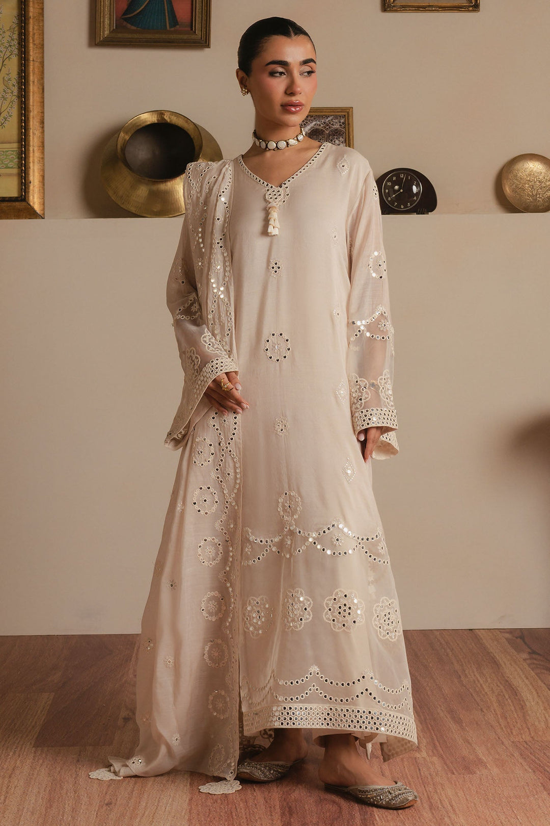 Cross Stitch - Lunar Frost Silk Suit For Women - Offwhite - 3 Piece