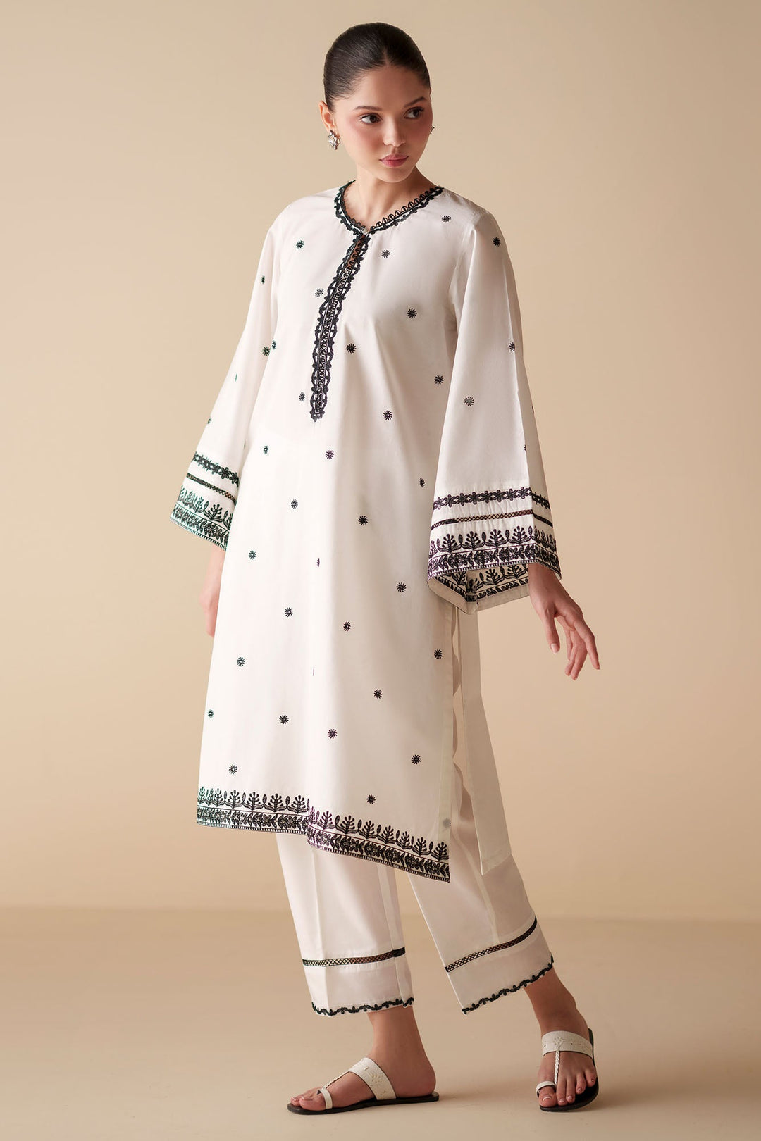 Cross Stitch - Lunar Ivory Embroidered Cambric Shirt For Women - White - 1 Piece
