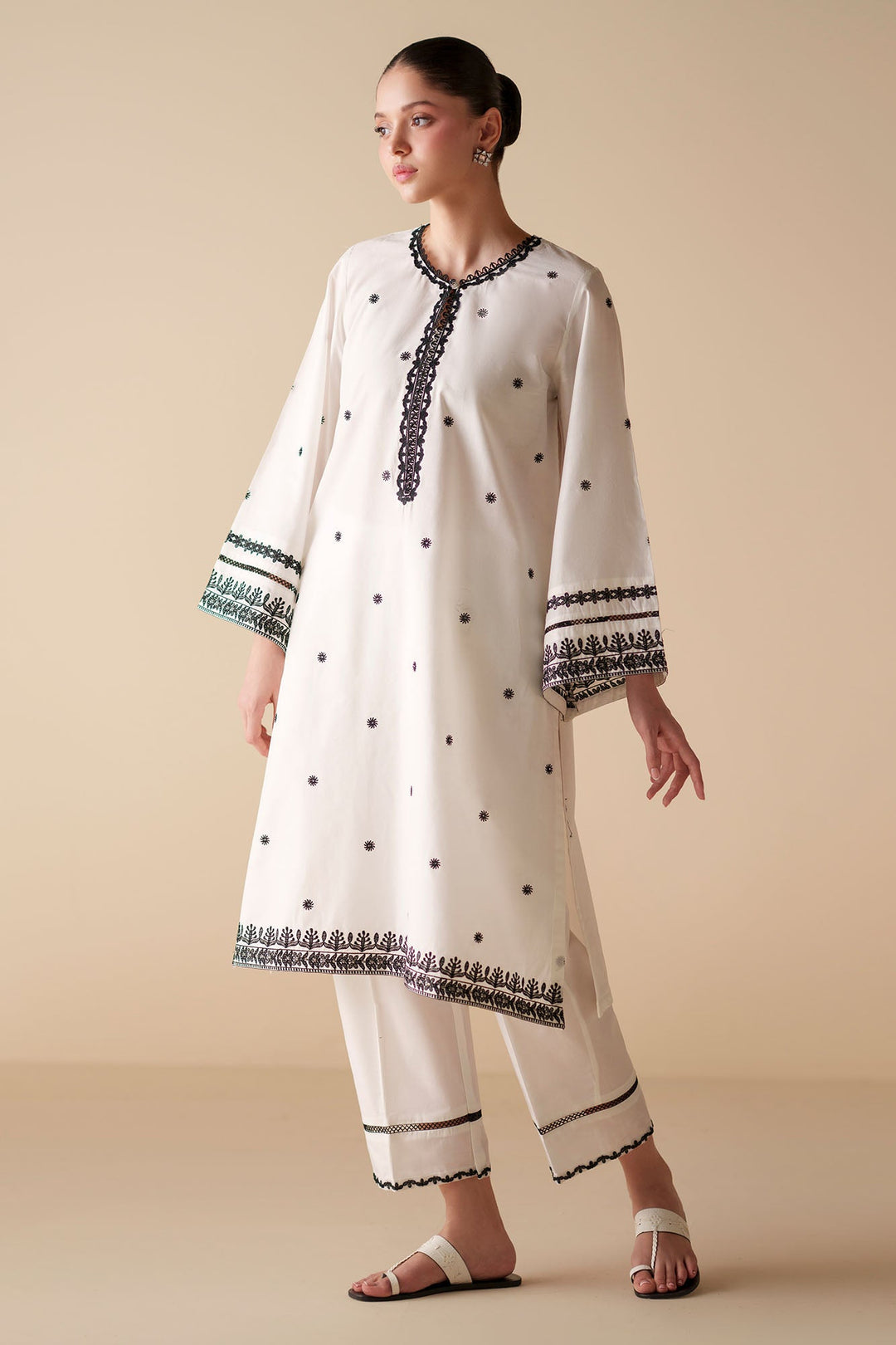 Cross Stitch - Lunar Ivory Embroidered Cambric Shirt For Women - White - 1 Piece