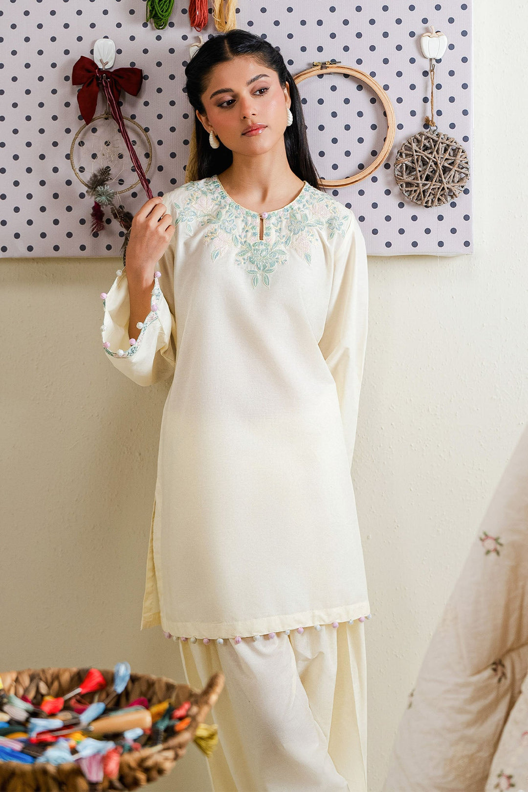 Cross Stitch - Mellow Thread  Cambric Suit For Women - Yellow - 2 Piece