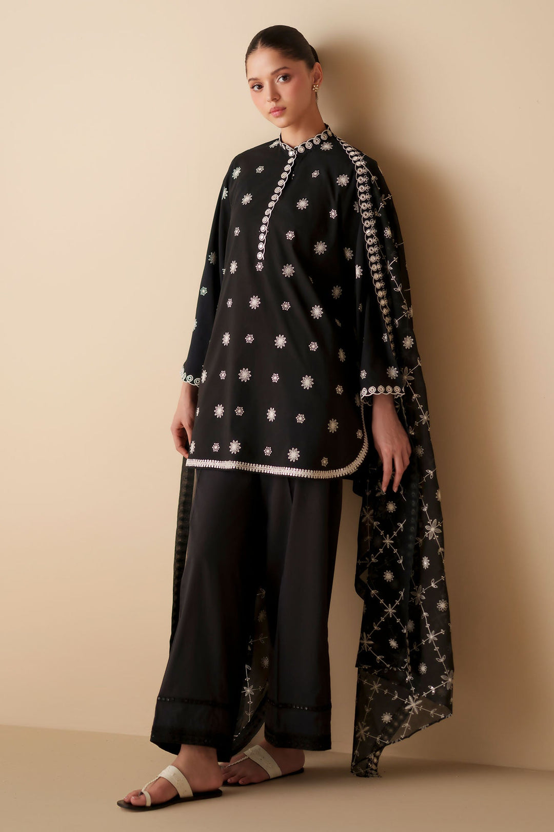 Cross Stitch - Moonlit Noir Cambric Suit For Women - Black - 2 Piece