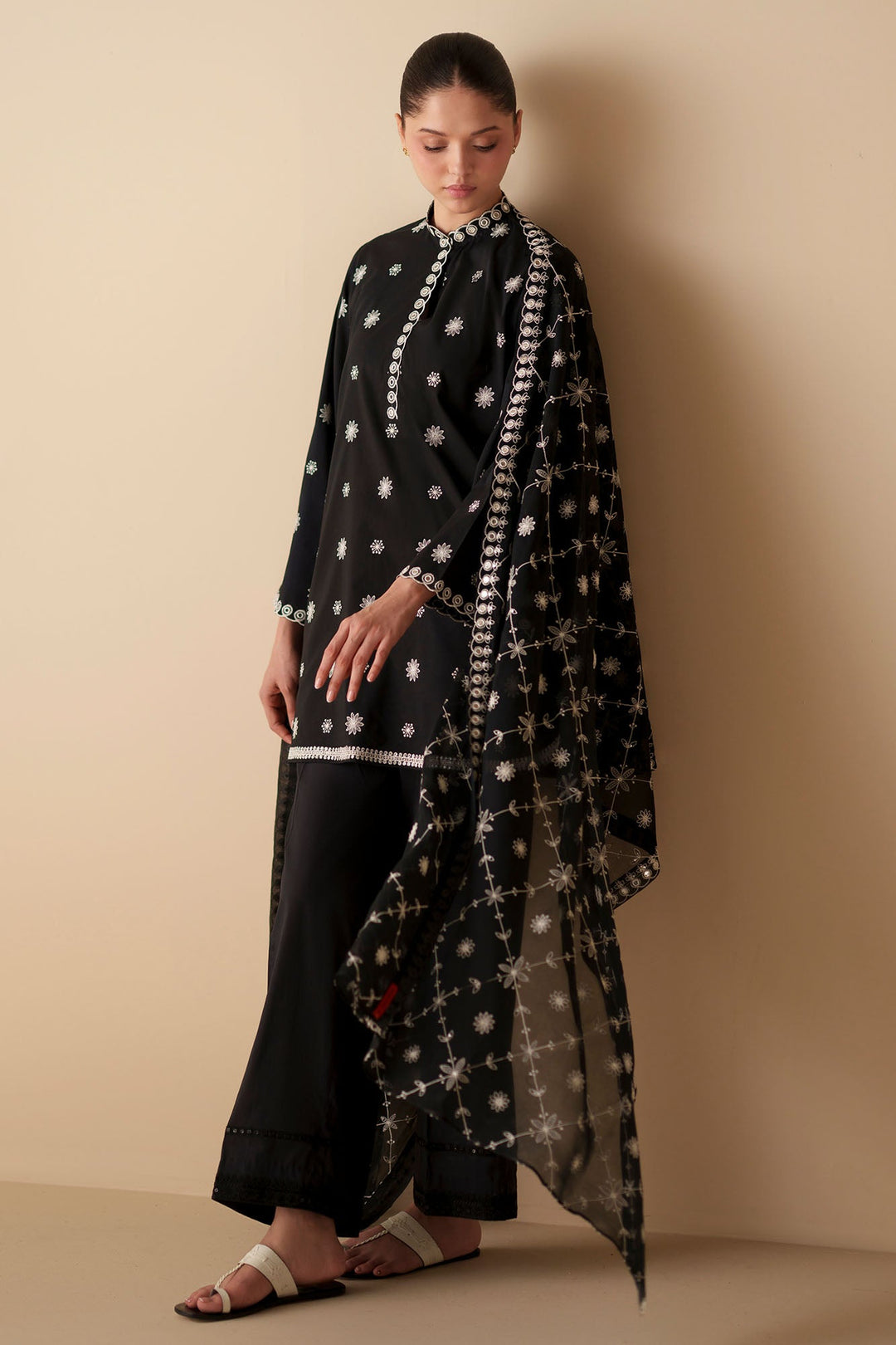 Cross Stitch - Moonlit Noir Cambric Suit For Women - Black - 2 Piece