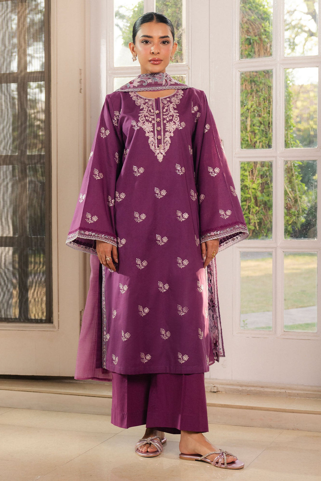 Cross Stitch - Mulberry Cambric Suit For Women - Purple - 2 Piece