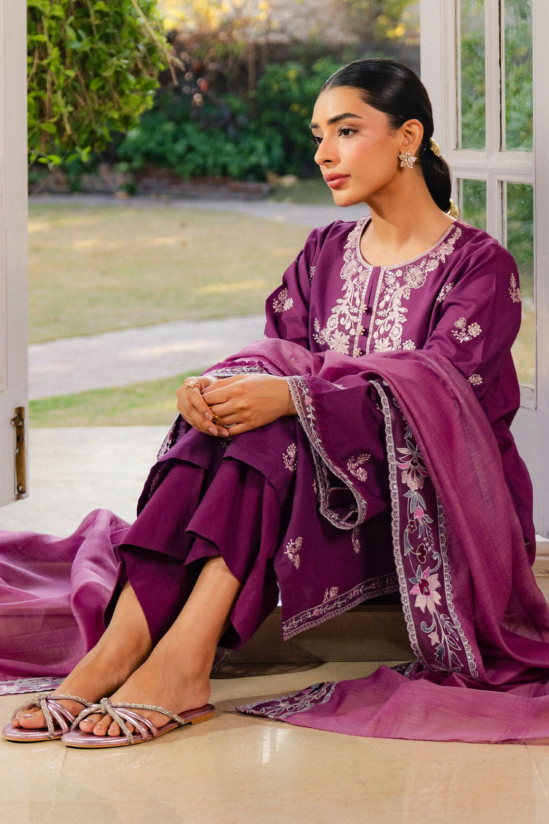 Cross Stitch - Mulberry Cambric Suit For Women - Purple - 2 Piece