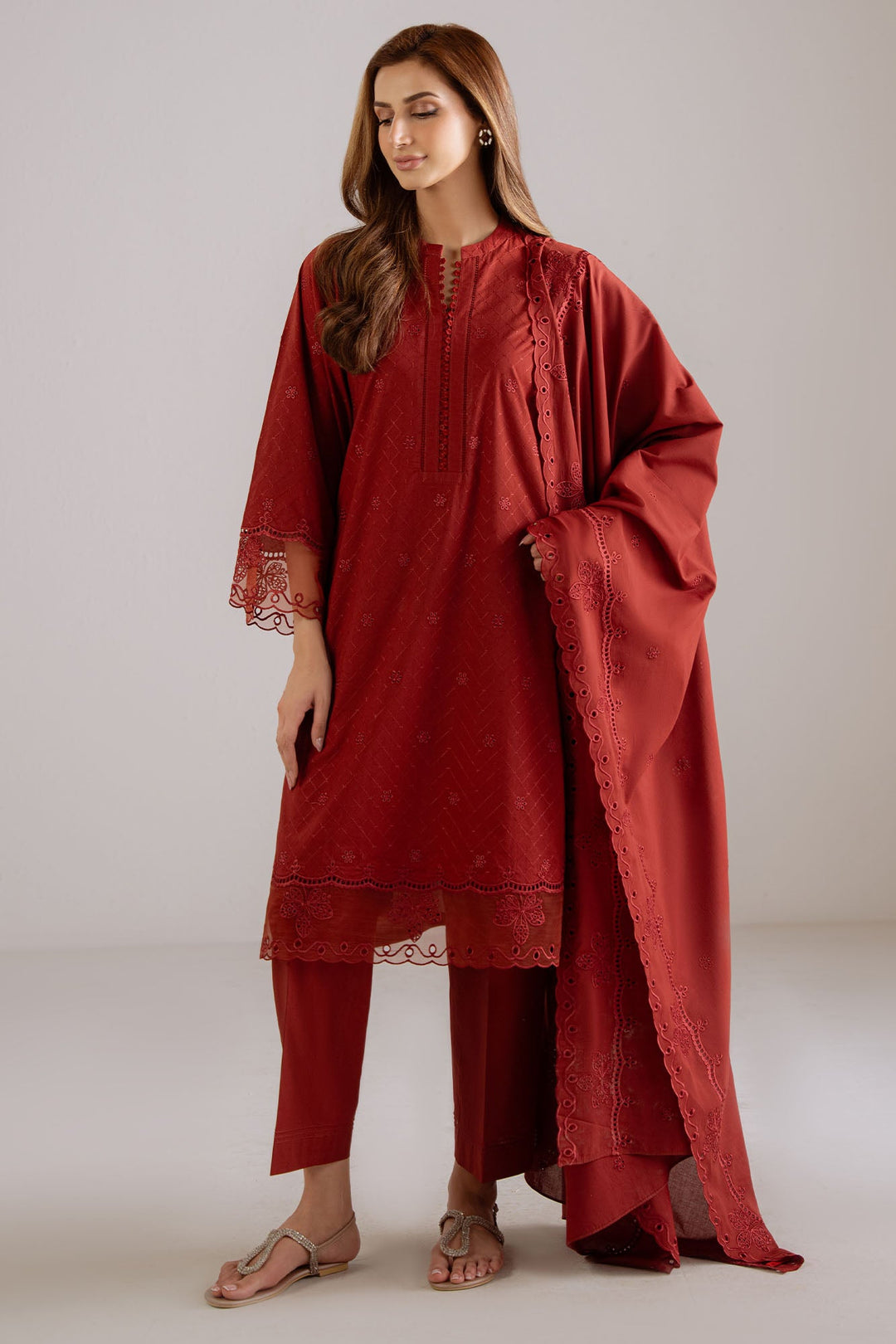 Cross Stitch - Mulberry Lace Cambric Suit For Women - Red - 3 Piece