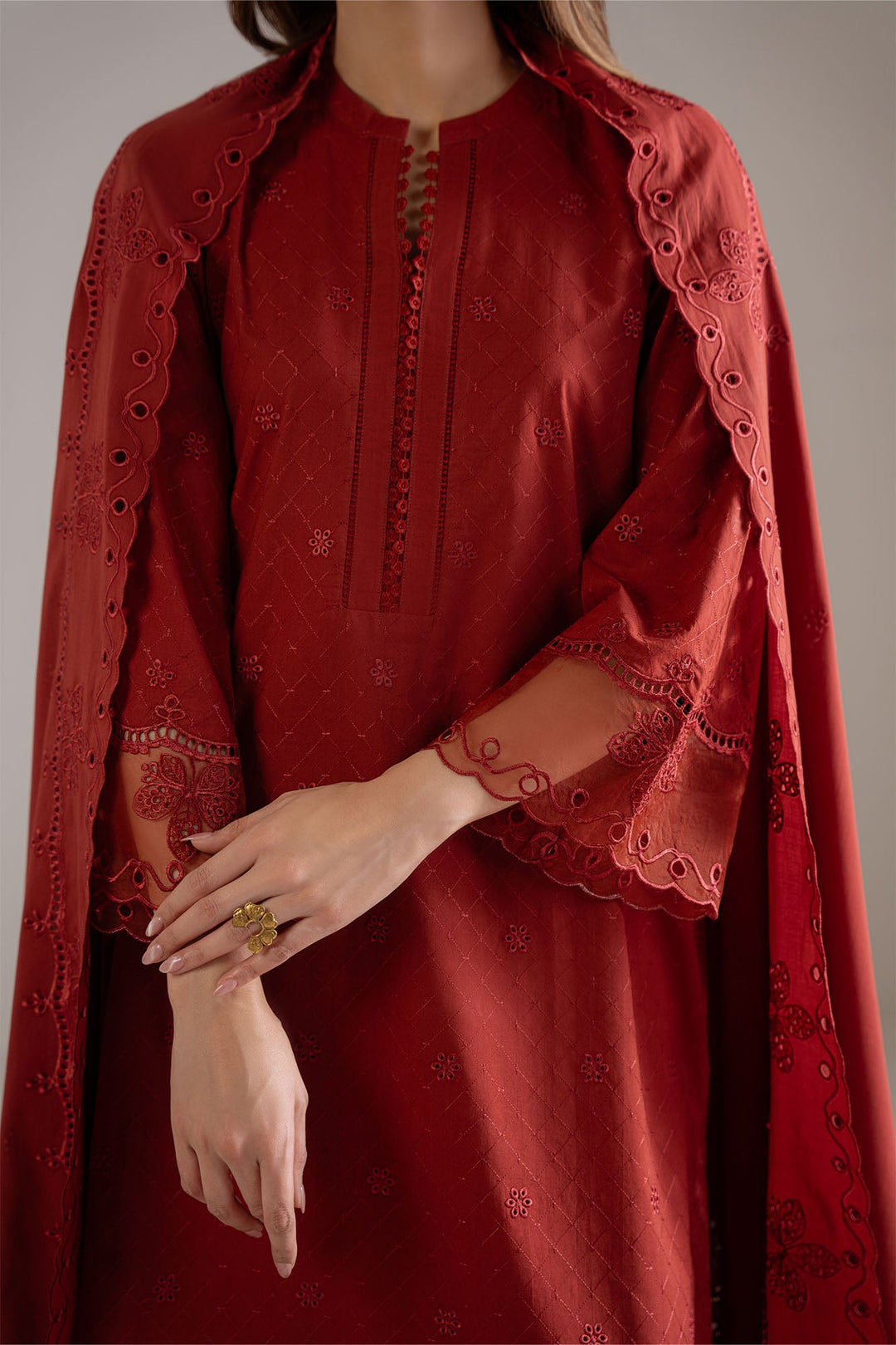 Cross Stitch - Mulberry Lace Cambric Suit For Women - Red - 3 Piece