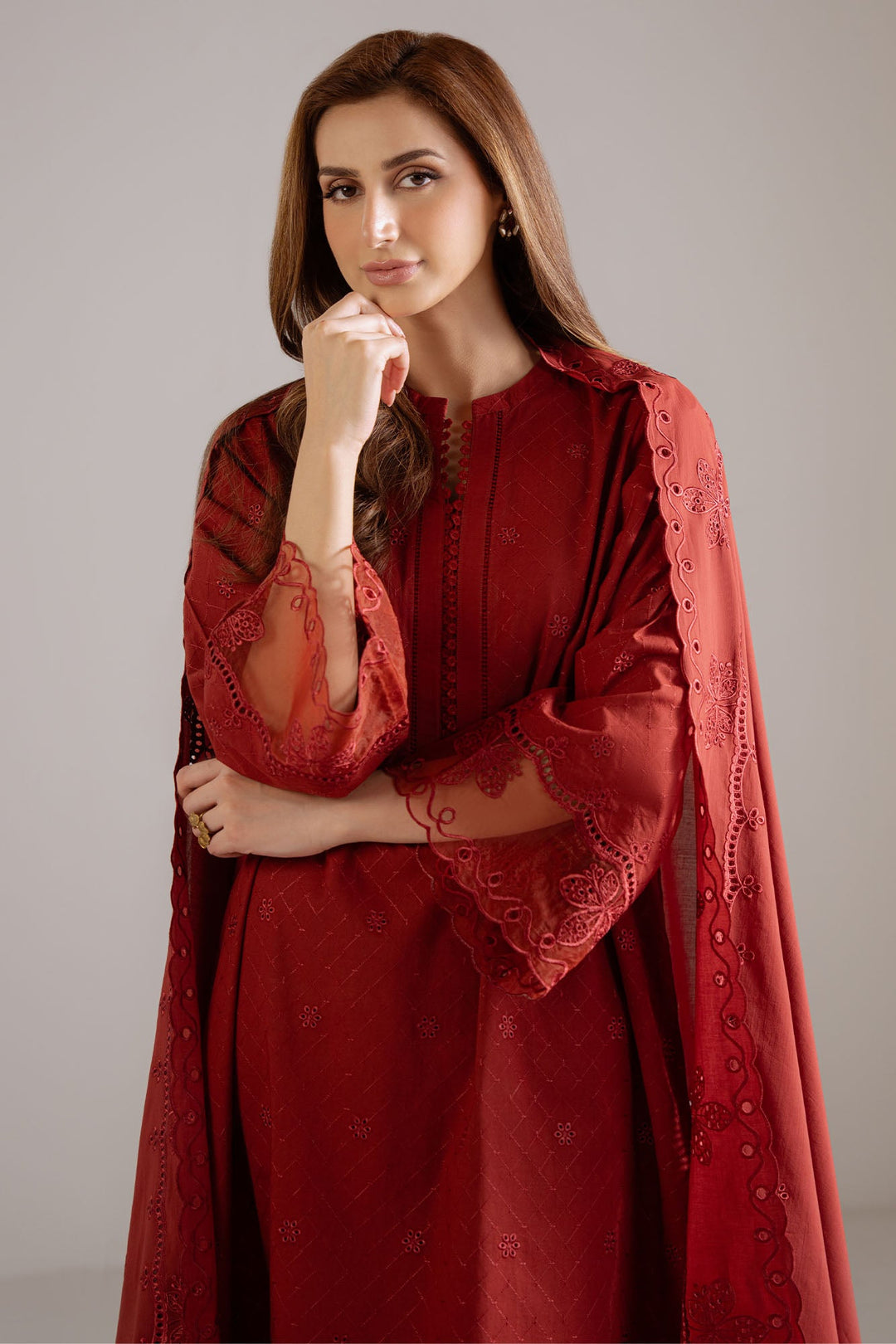 Cross Stitch - Mulberry Lace Cambric Suit For Women - Red - 3 Piece
