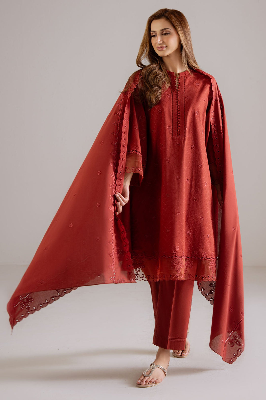 Cross Stitch - Mulberry Lace Cambric Suit For Women - Red - 3 Piece