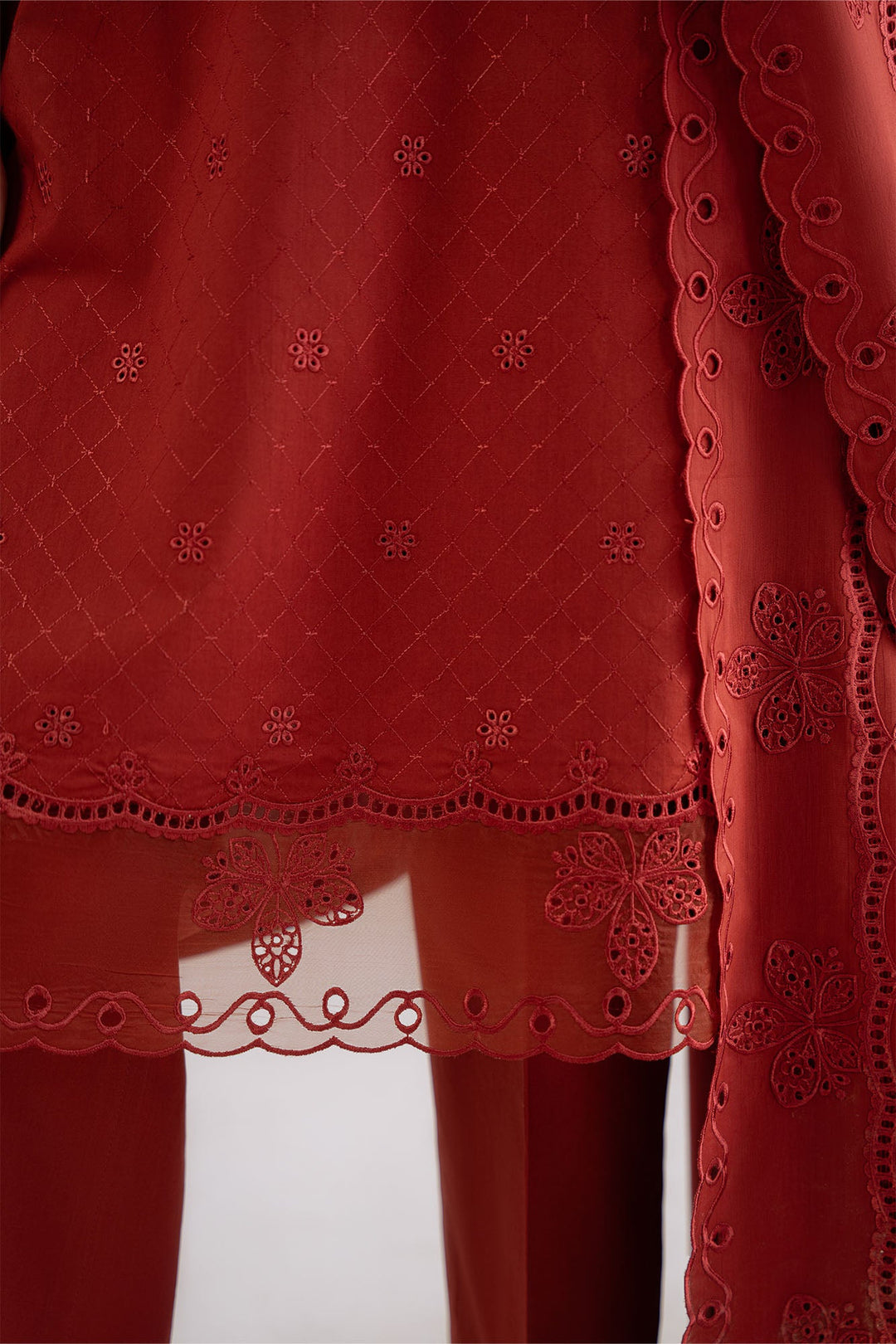 Cross Stitch - Mulberry Lace Cambric Suit For Women - Red - 3 Piece