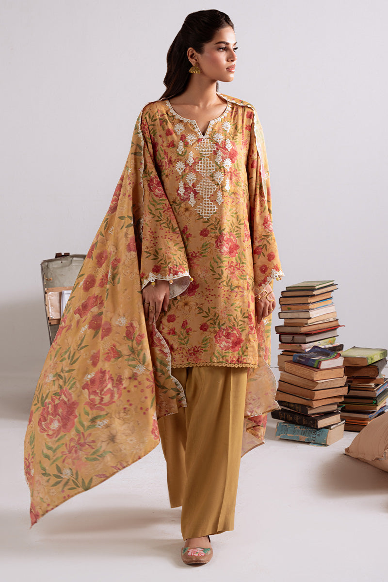 Cross Stitch - Mustard Orchid - Linen Printed Suit - 3 Piece - Unstitch