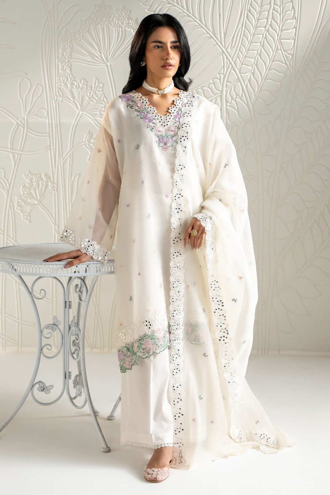 Cross Stitch - Net Blooming White Suit For Women - White - 2 Piece