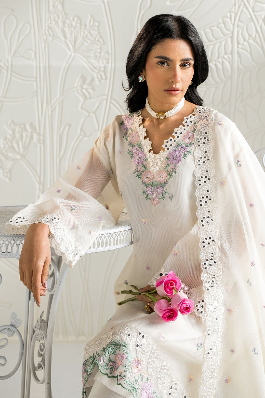 Cross Stitch - Net Blooming White Suit For Women - White - 2 Piece