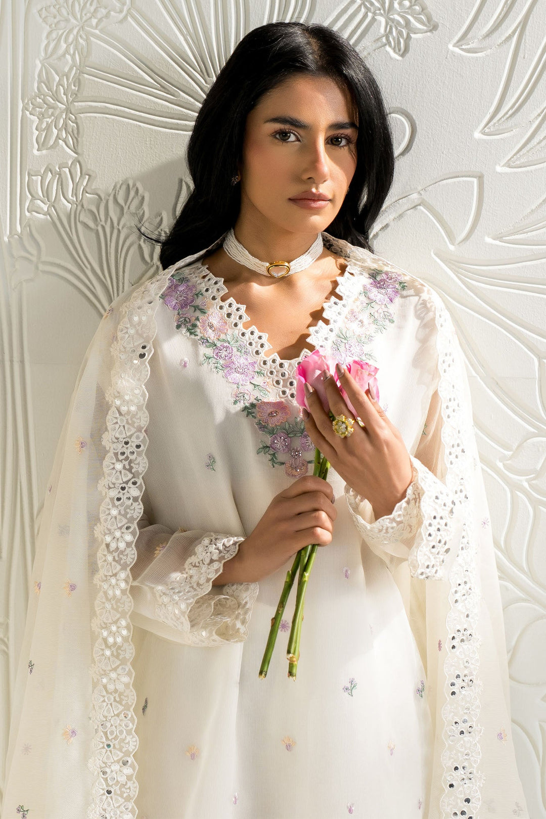 Cross Stitch - Net Blooming White Suit For Women - White - 2 Piece