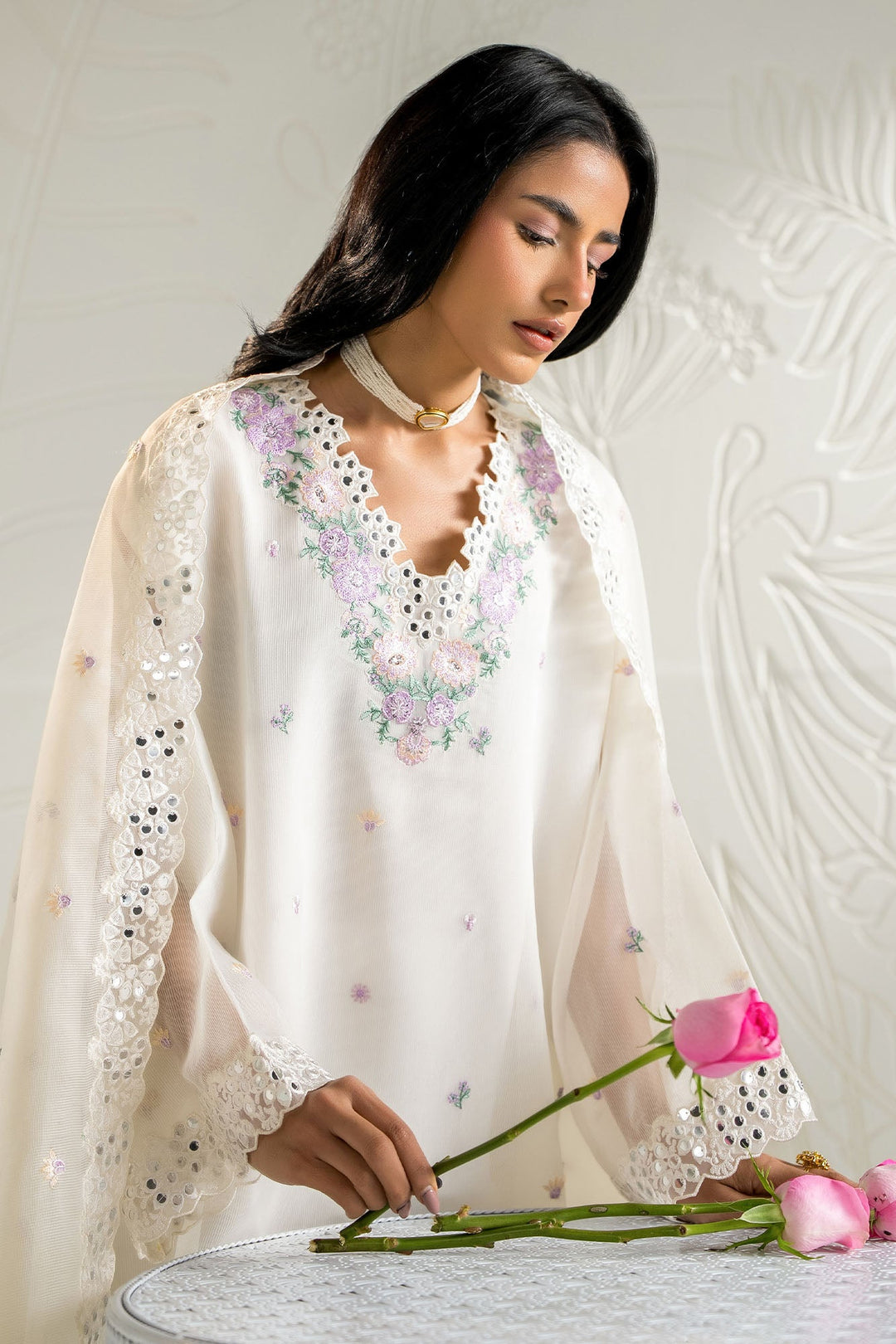 Cross Stitch - Net Blooming White Suit For Women - White - 2 Piece