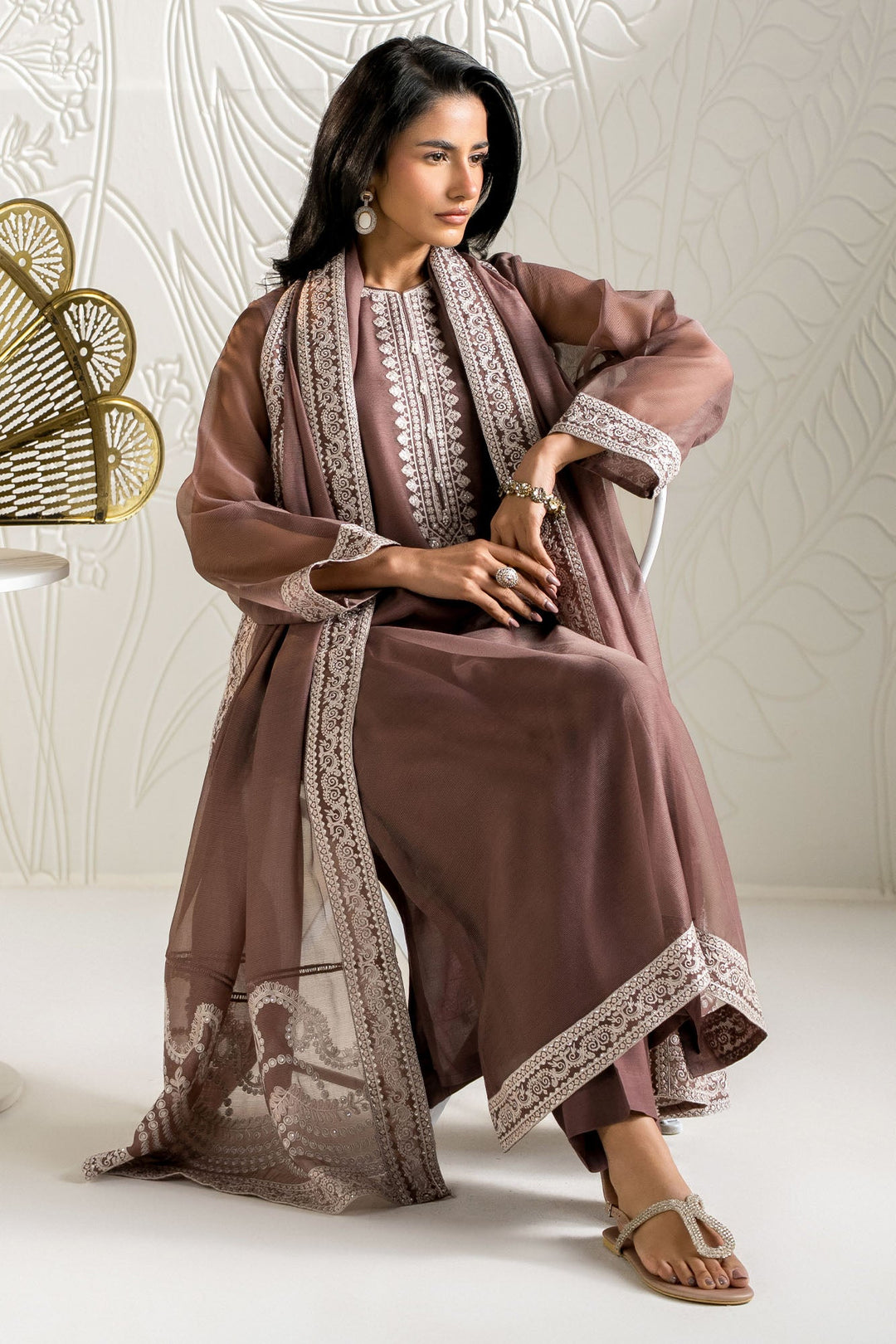 Cross Stitch - Net Mulberry Mist Suit For Women - Brown - 2 Piece