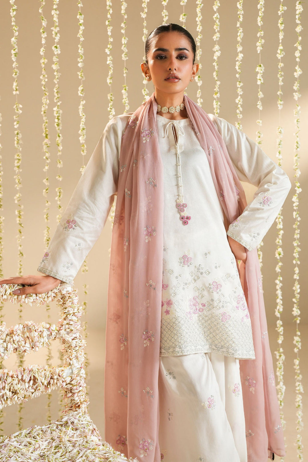 Cross Stitch - Net Pink Cloud Suit For Women - White - 3 Piece