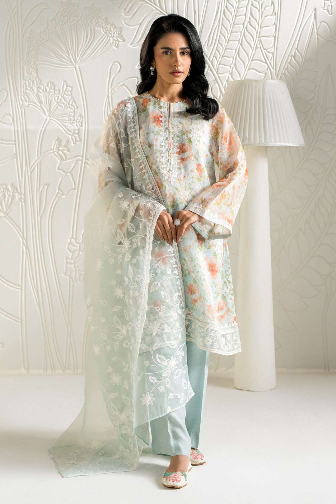 Cross Stitch - Net Serene Florals Suit For Women - Blue - 2 Piece