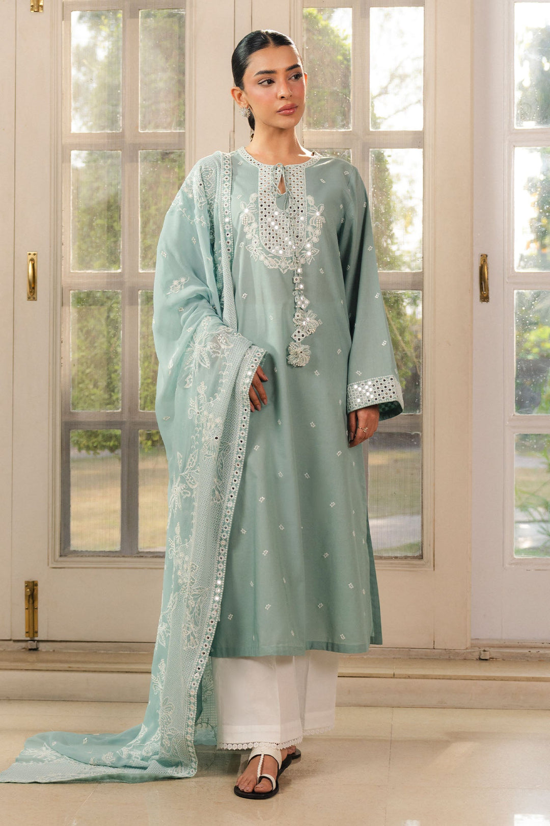 Cross Stitch - Nile Blue Cambric Suit For Women - Green - 2 Piece