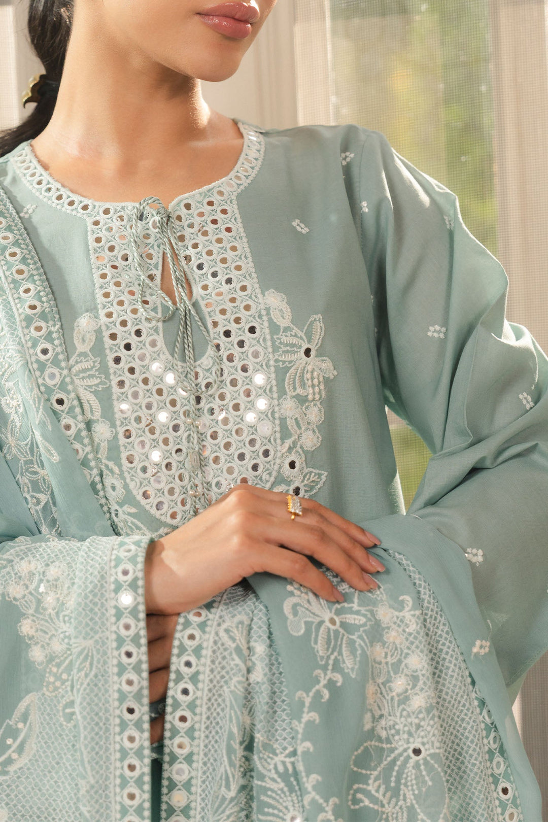 Cross Stitch - Nile Blue Cambric Suit For Women - Green - 2 Piece