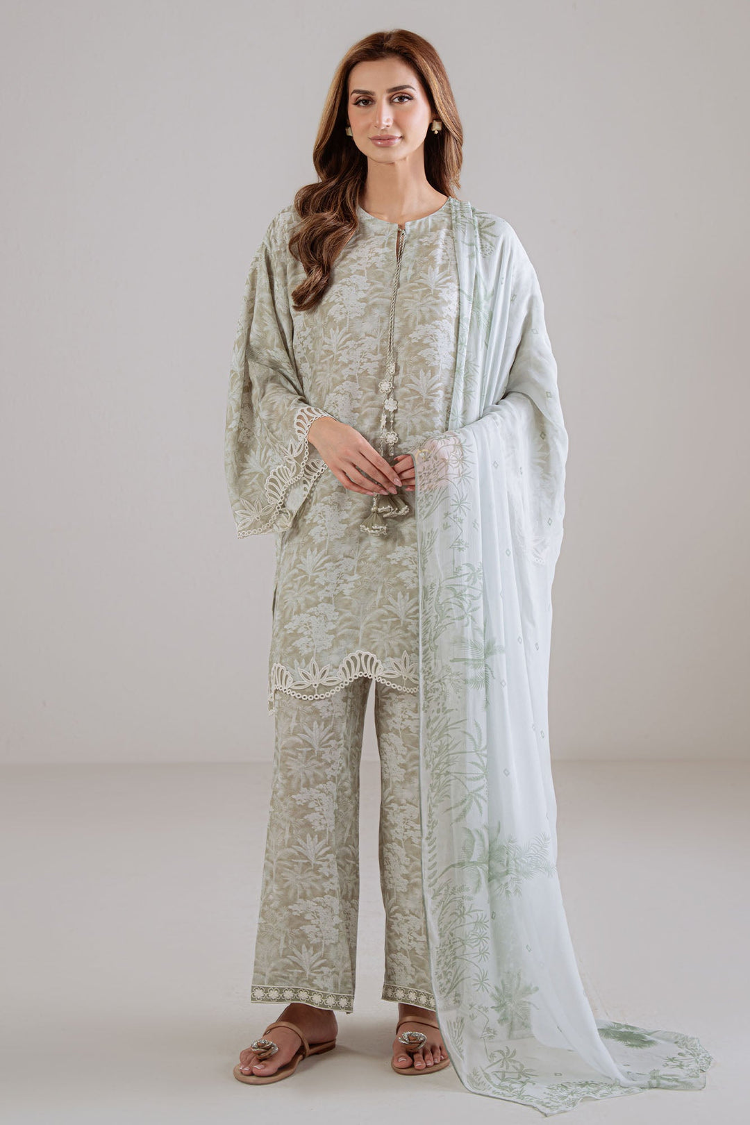 Cross Stitch - Olive Haze Silk Suit For Women - Green - 3 Piece