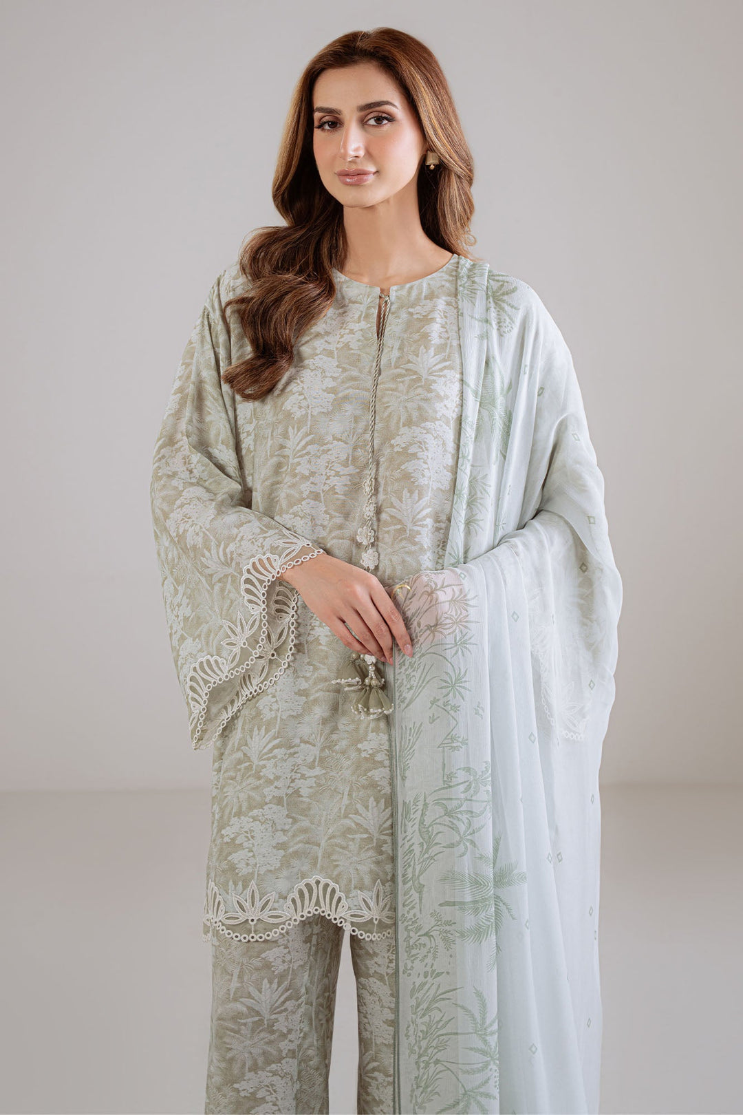 Cross Stitch - Olive Haze Silk Suit For Women - Green - 3 Piece