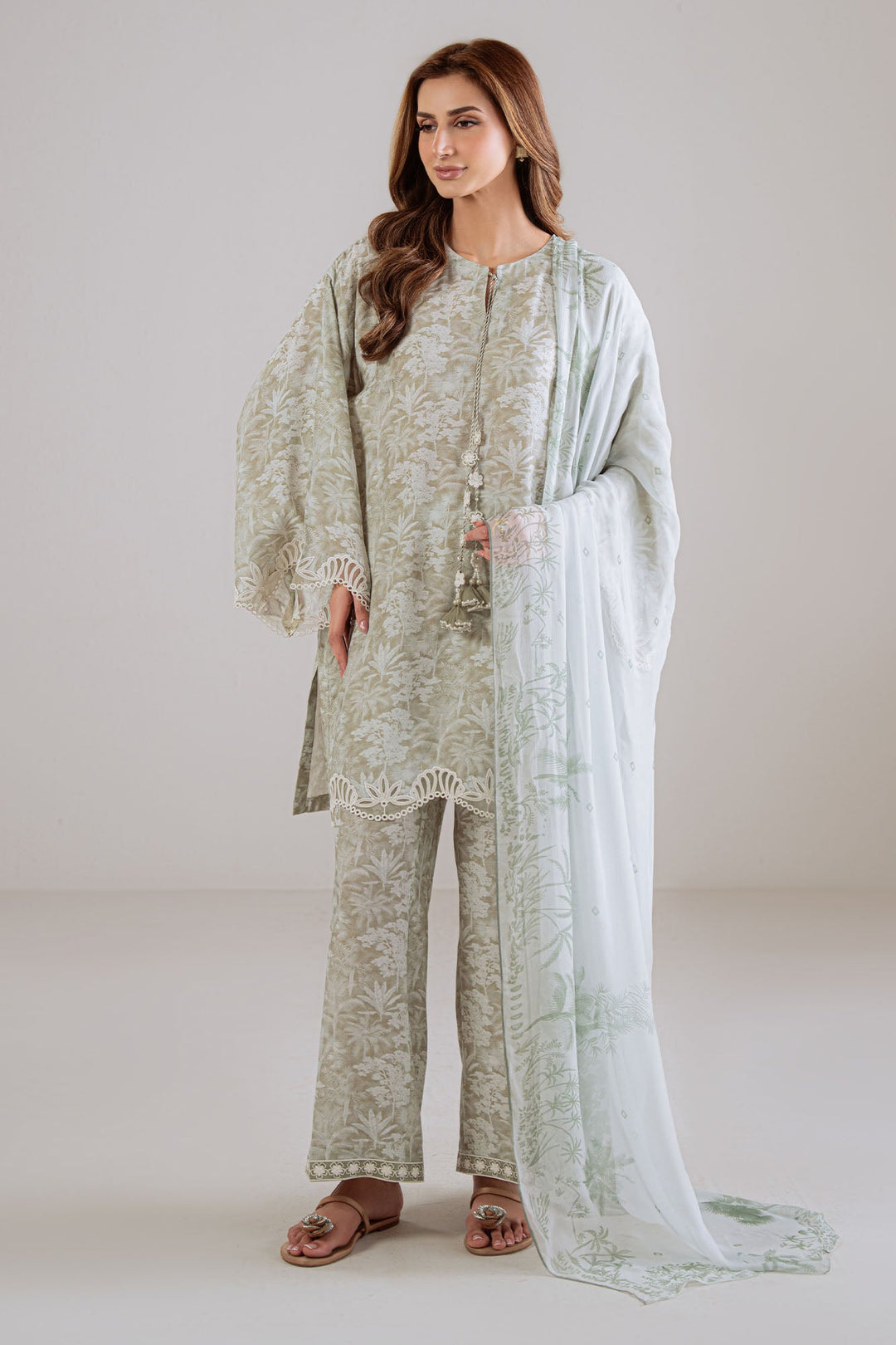 Cross Stitch - Olive Haze Silk Suit For Women - Green - 3 Piece