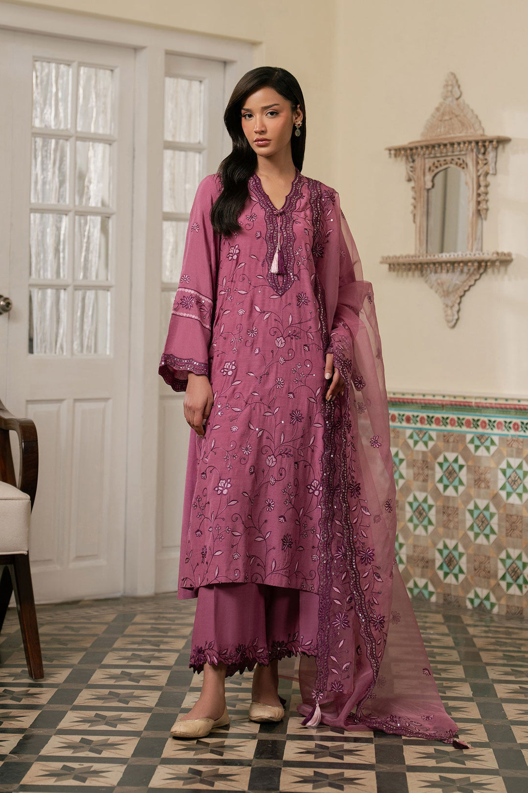 Cross Stitch - Orchid Aura Silk Suit For Women - Purple - 3 Piece