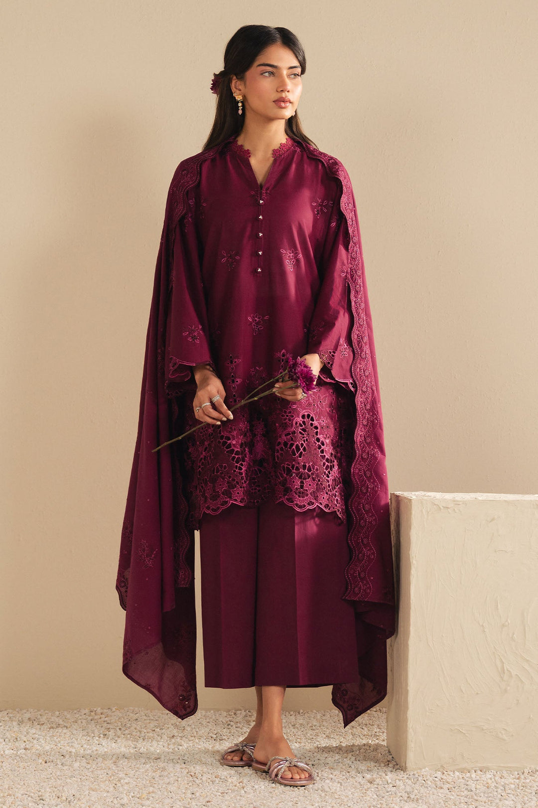 Cross Stitch - Orchid Dream Cambric Suit For Women - Plum - 3 Piece