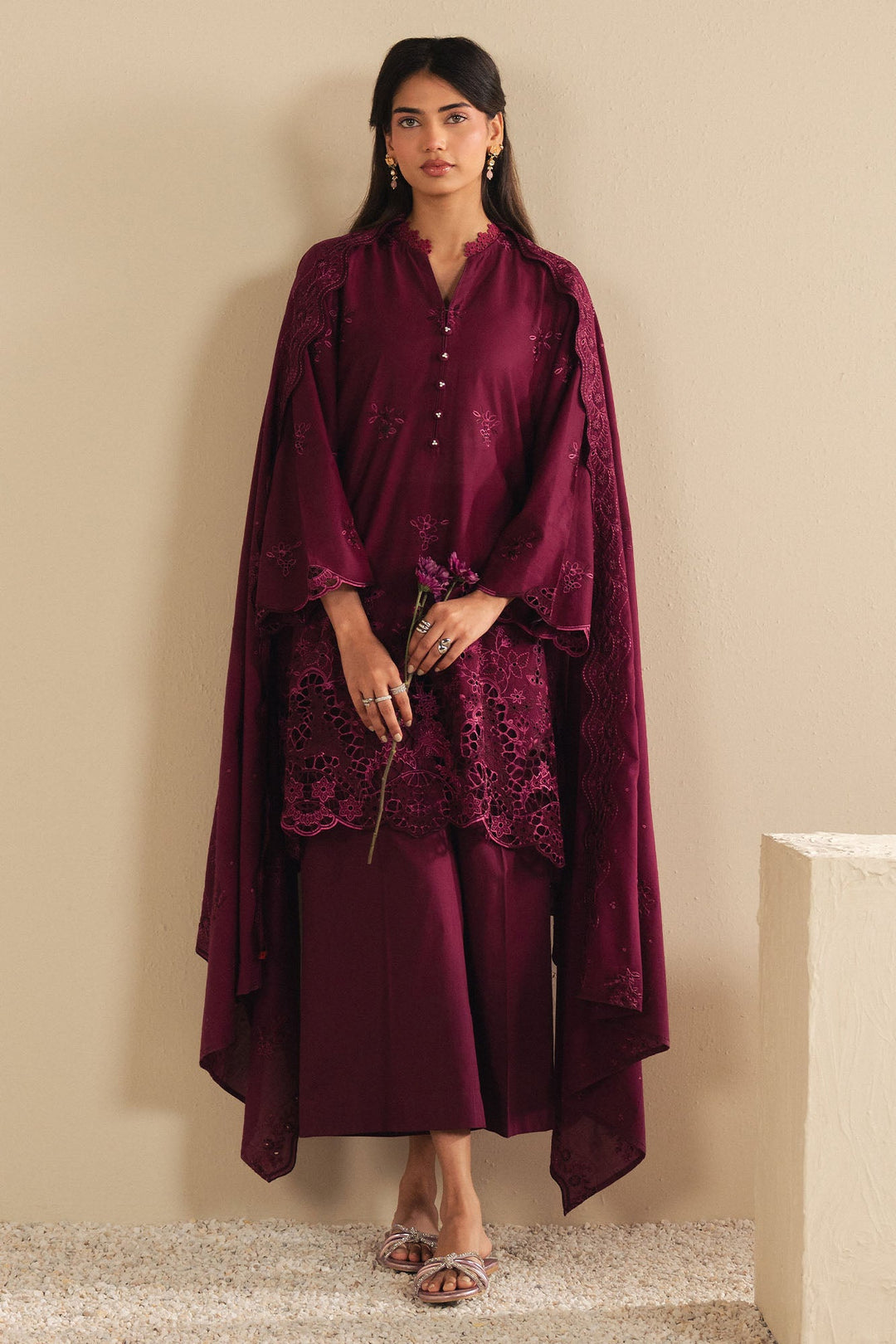 Cross Stitch - Orchid Dream Cambric Suit For Women - Plum - 3 Piece