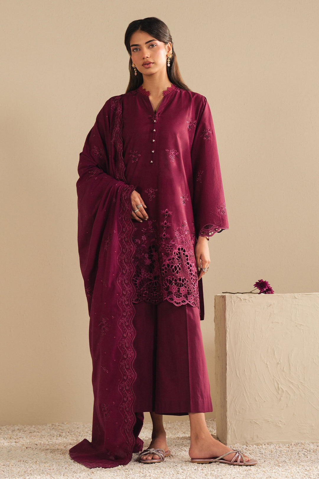 Cross Stitch - Orchid Dream Cambric Suit For Women - Plum - 3 Piece