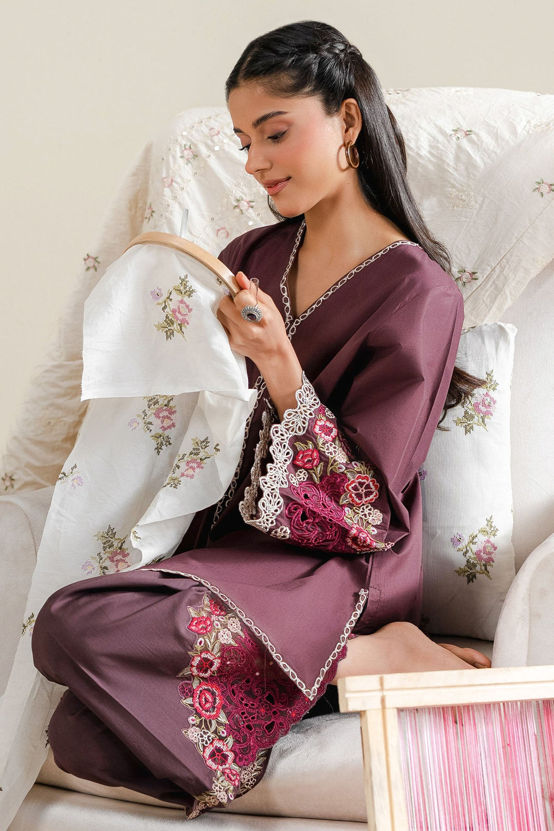 Cross Stitch - Orchid Smoke Cambric Suit For Women - Purple - 2 Piece