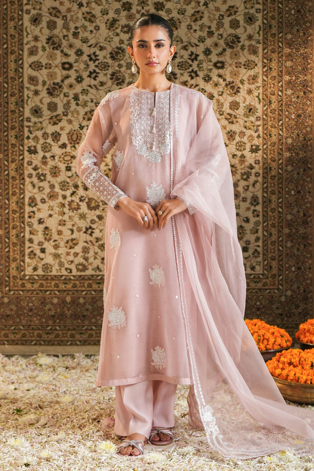 Cross Stitch - Organza Silver Rose Suit For Women - Pink - 2 Piece