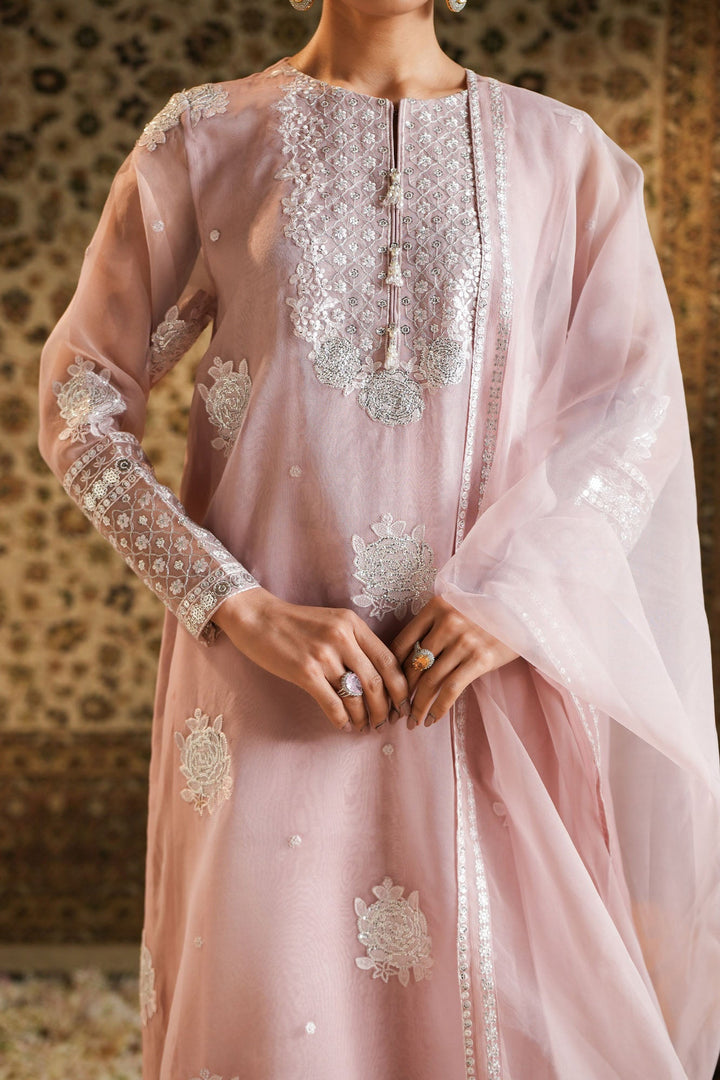 Cross Stitch - Organza Silver Rose Suit For Women - Pink - 2 Piece