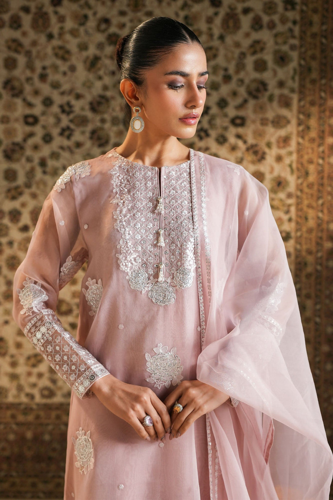 Cross Stitch - Organza Silver Rose Suit For Women - Pink - 2 Piece
