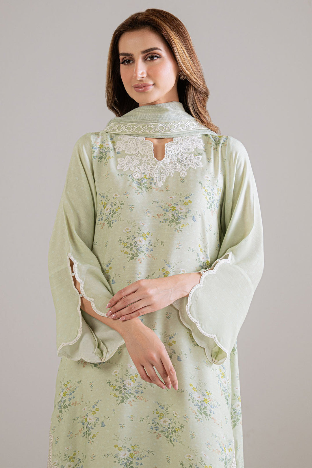 Cross Stitch - Pale Dew Silk Suit For Women - Green - 2 Piece