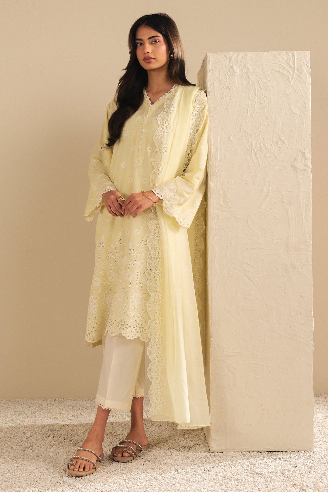 Cross Stitch - Pastel Sunshine Cambric Suit For Women - Yellow - 2 Piece