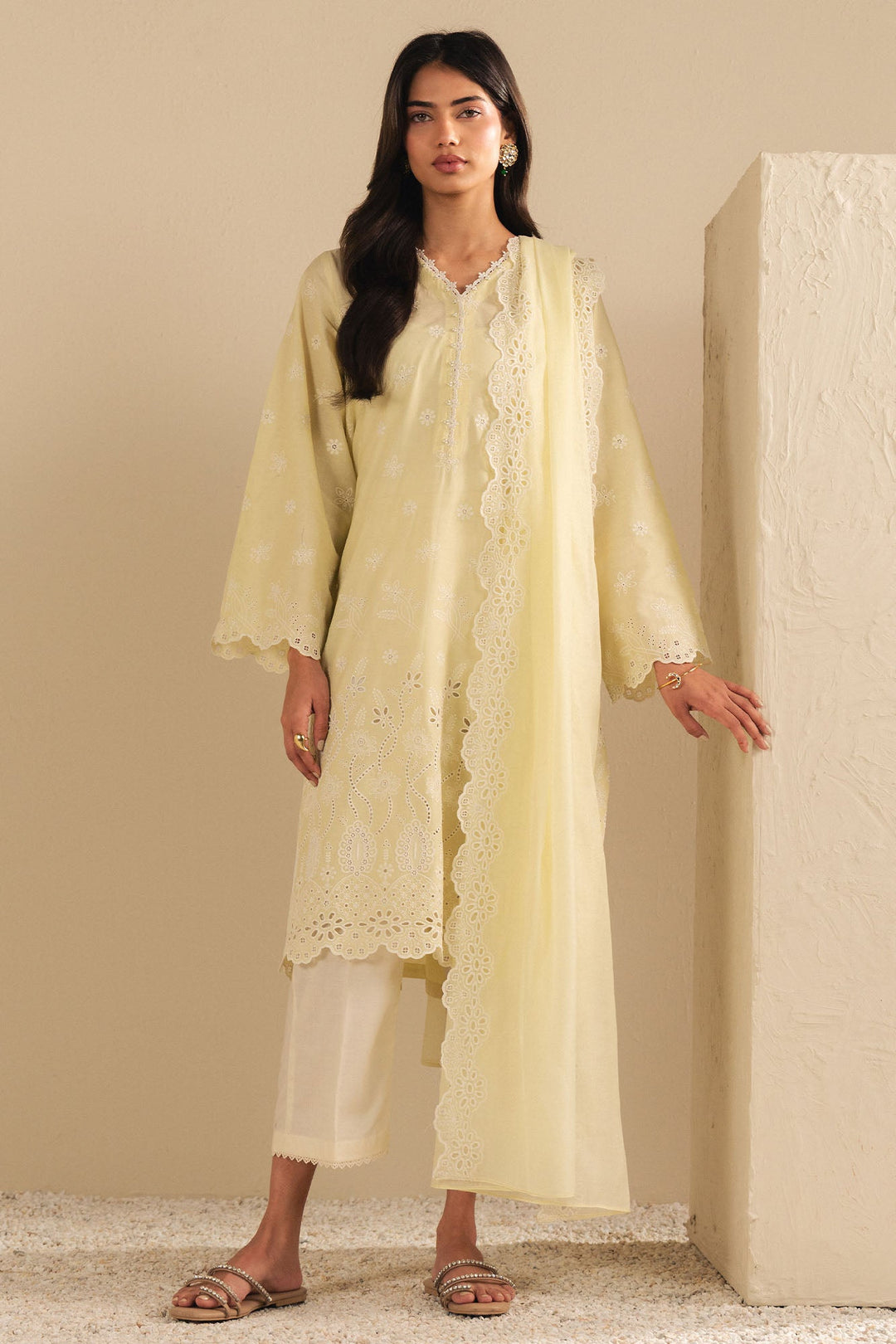 Cross Stitch - Pastel Sunshine Cambric Suit For Women - Yellow - 2 Piece