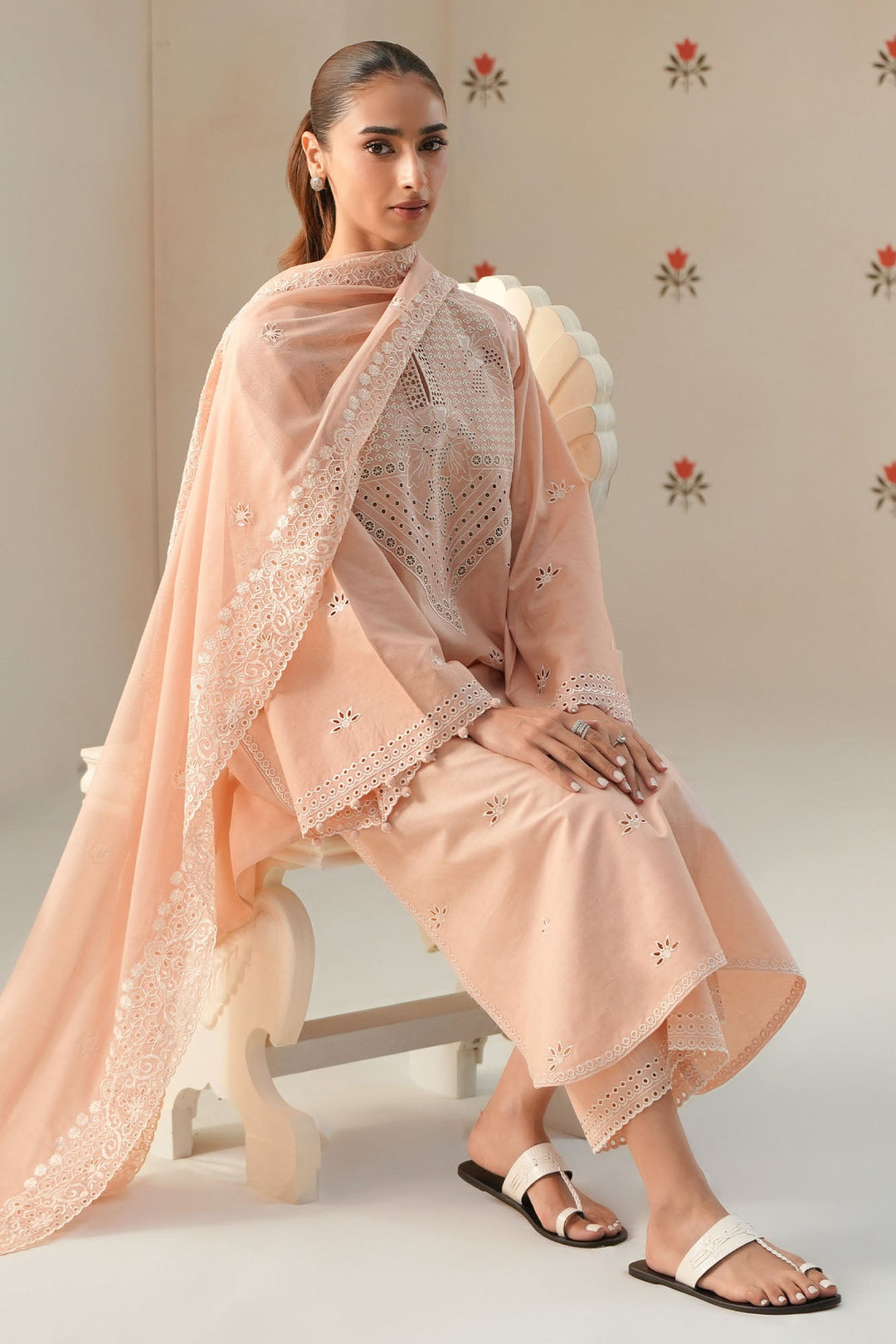 Cross Stitch - Petal Peach Chikankari Lawn Unstitch Suit For Women - 3 Piece