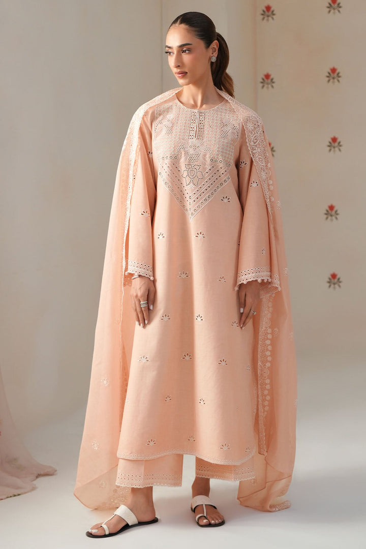 Cross Stitch - Petal Peach Chikankari Lawn Unstitch Suit For Women - 3 Piece