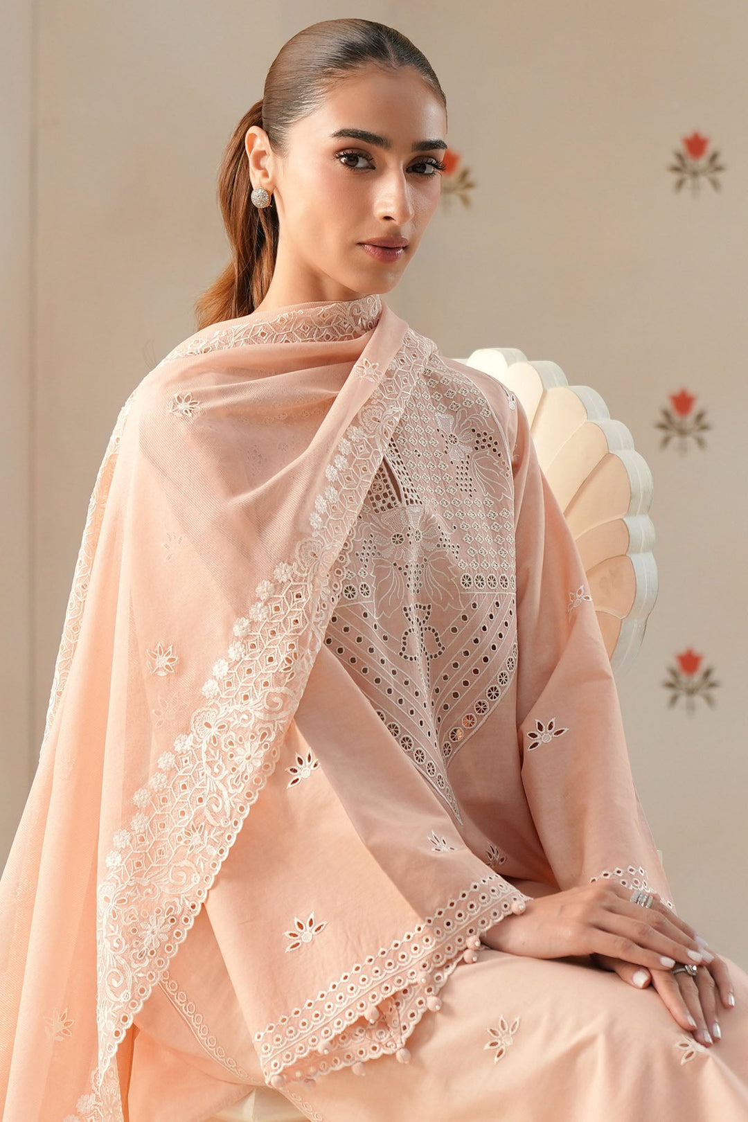 Cross Stitch - Petal Peach Chikankari Lawn Unstitch Suit For Women - 3 Piece