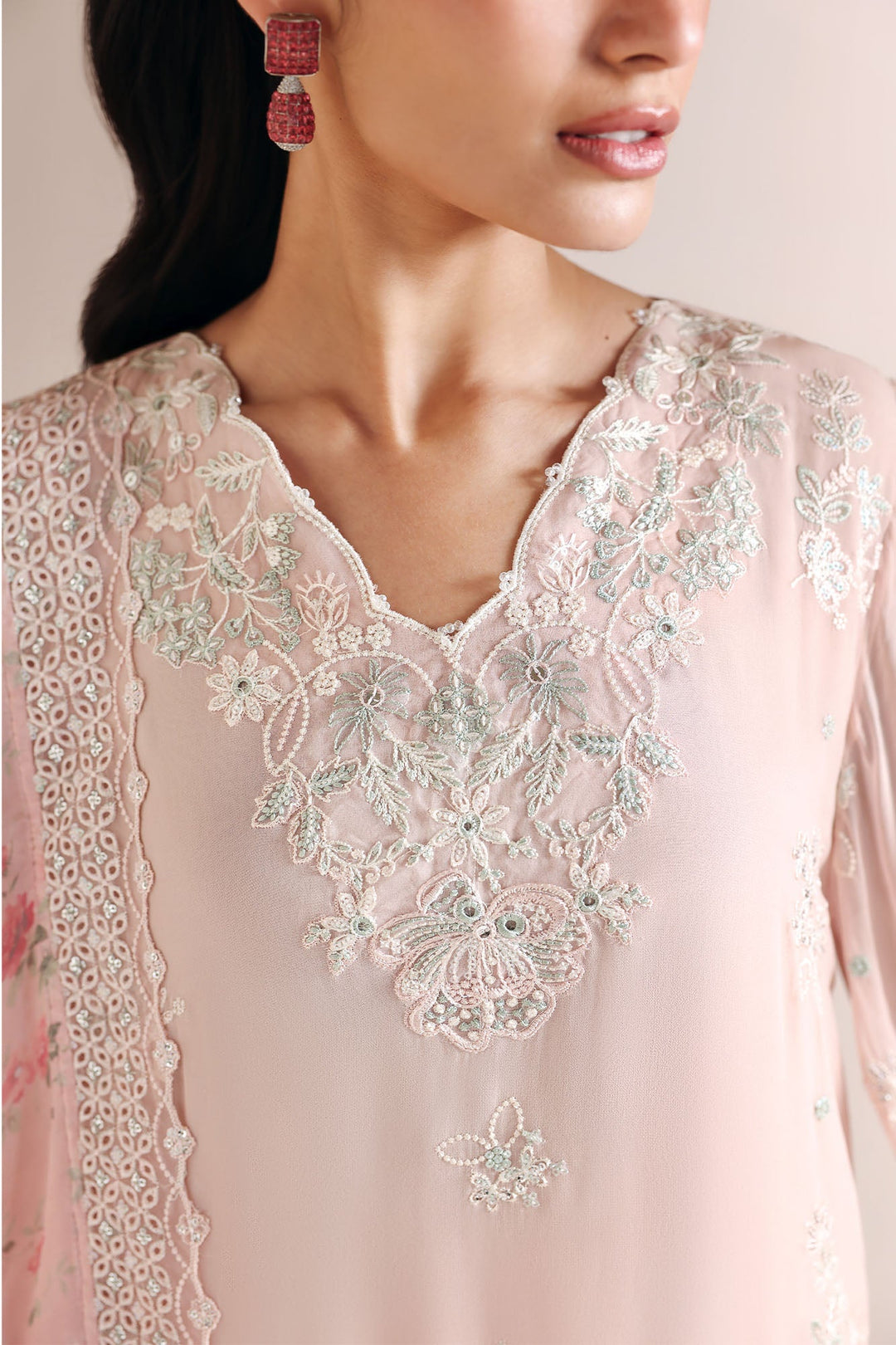 Cross Stitch - Pink Blossom Chiffon Suit For Women - 4 Piece