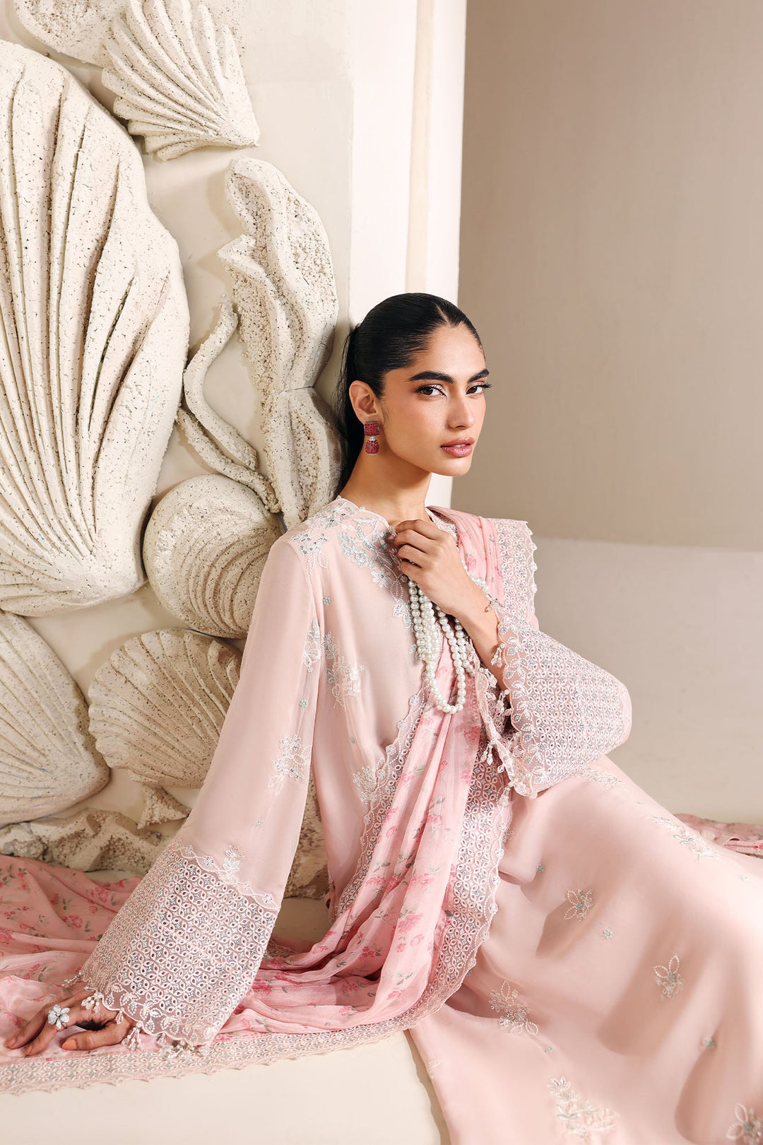 Cross Stitch - Pink Blossom Chiffon Suit For Women - 4 Piece