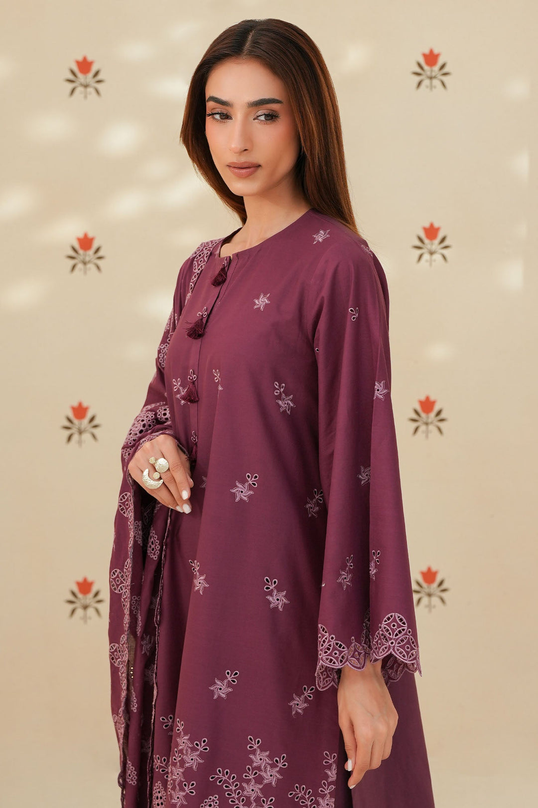 Cross Stitch - Plum Luxe Chikankari Lawn Unstitch Suit For Women - 3 Piece